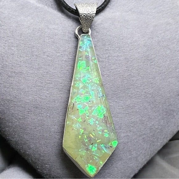 New Opalite Dichroic Acrylic Silver Overlay Pendant Necklace with Cord - Picture 1 of 6
